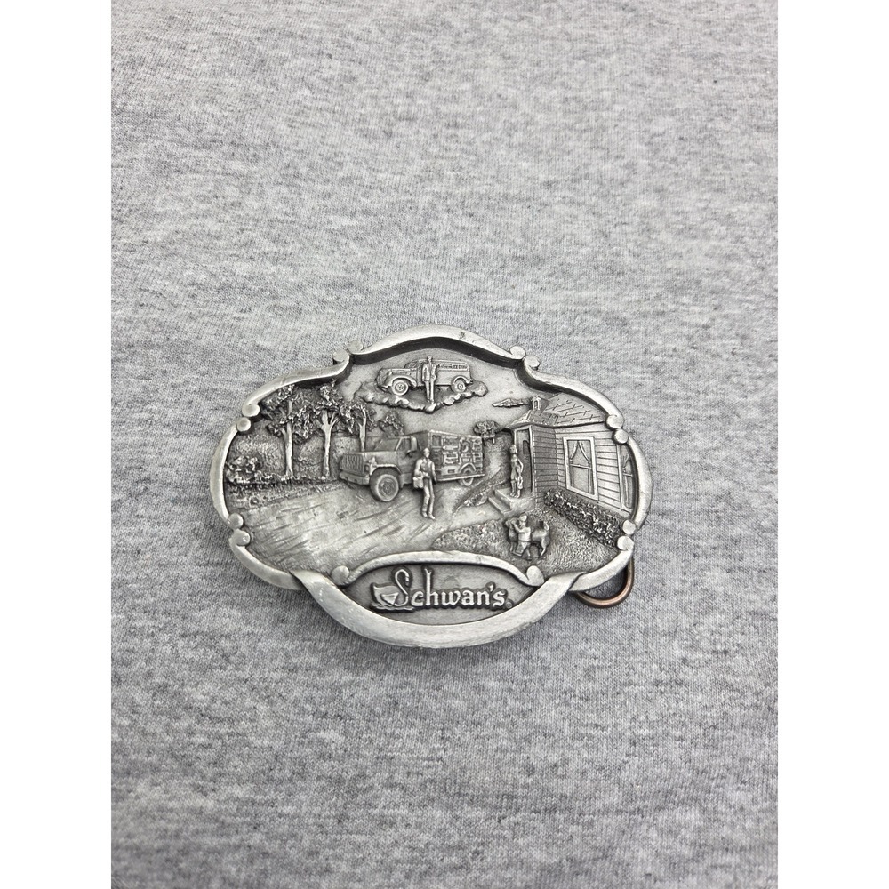 Vintage Solid Pewter Schwans Frozen Food Company 45th Anniversary Belt Buckle